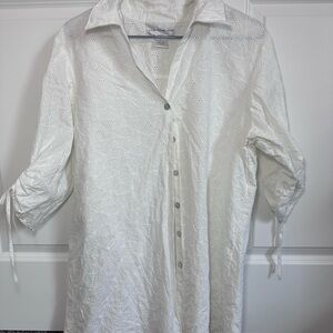 Susan Graver White Eyelet Button-Down Tunic Shirt
